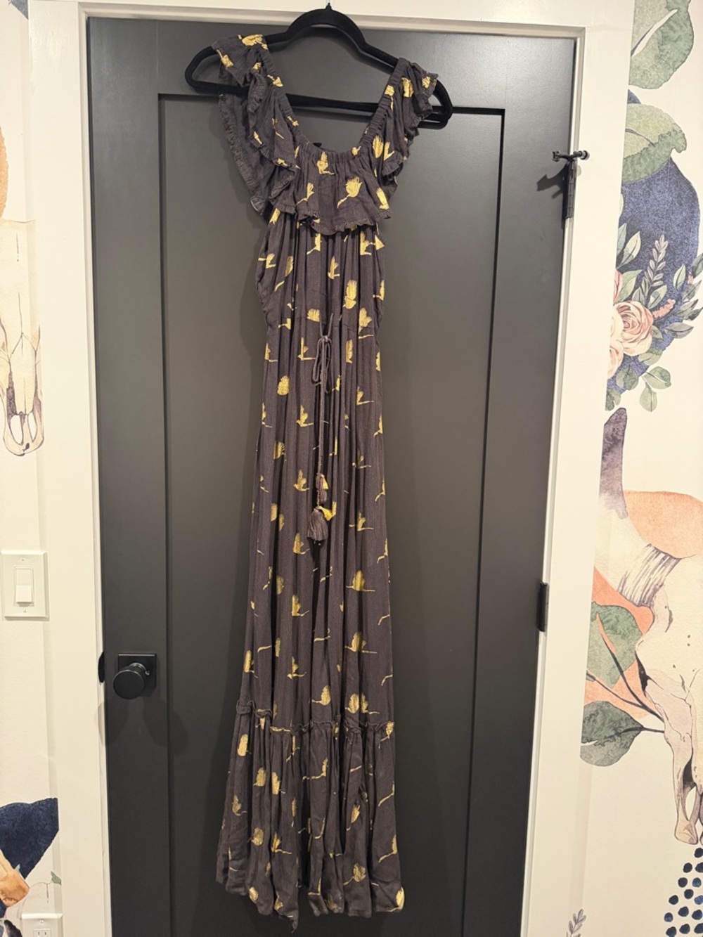 Women’s Gray Maxi Dress with Yellow Floral Print